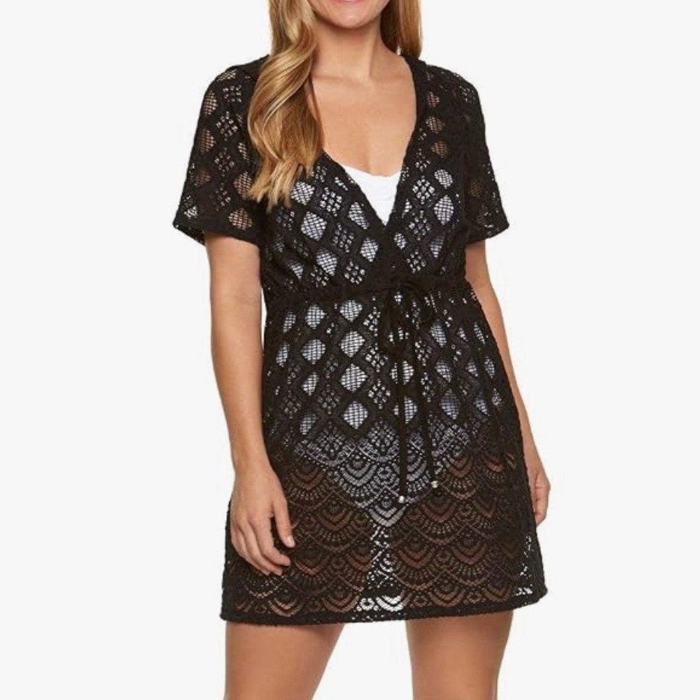 Dotti Hooded Crochet Lace Bikini Coverup Dress XL Short Sleeve Swim Beach Travel